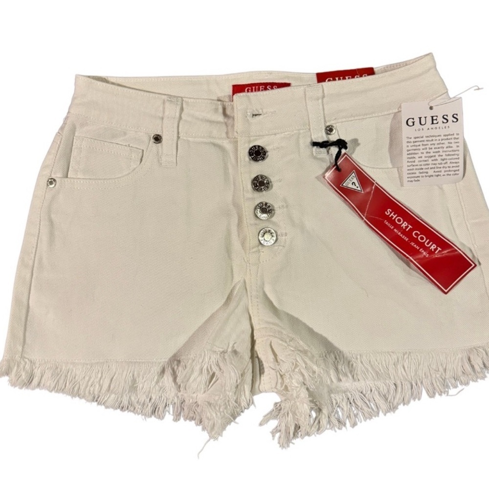 Guess Women’s Emma Mid-Rise Button Fly Frayed White Denim Shorts Size 26